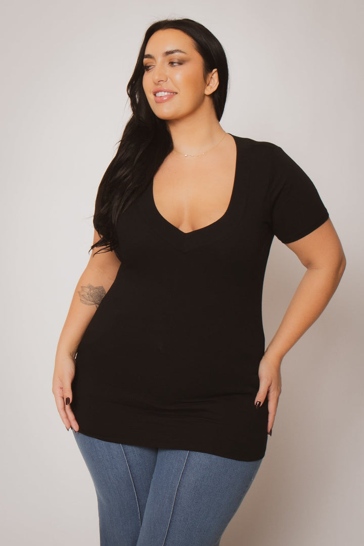 Ambiance Tops Plus Size Classic V Tee - Black