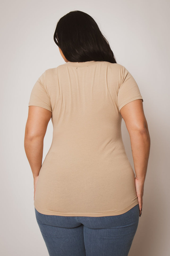 Ambiance Tops Plus Size Classic V Tee - Taupe
