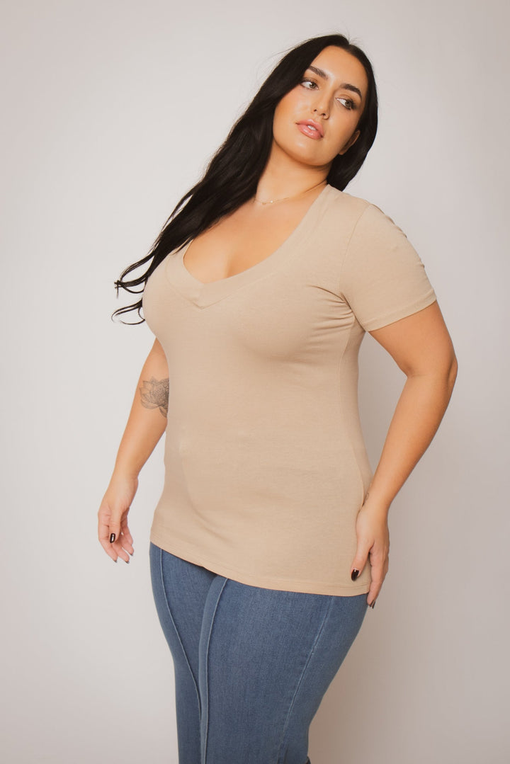 Ambiance Tops Plus Size Classic V Tee - Taupe