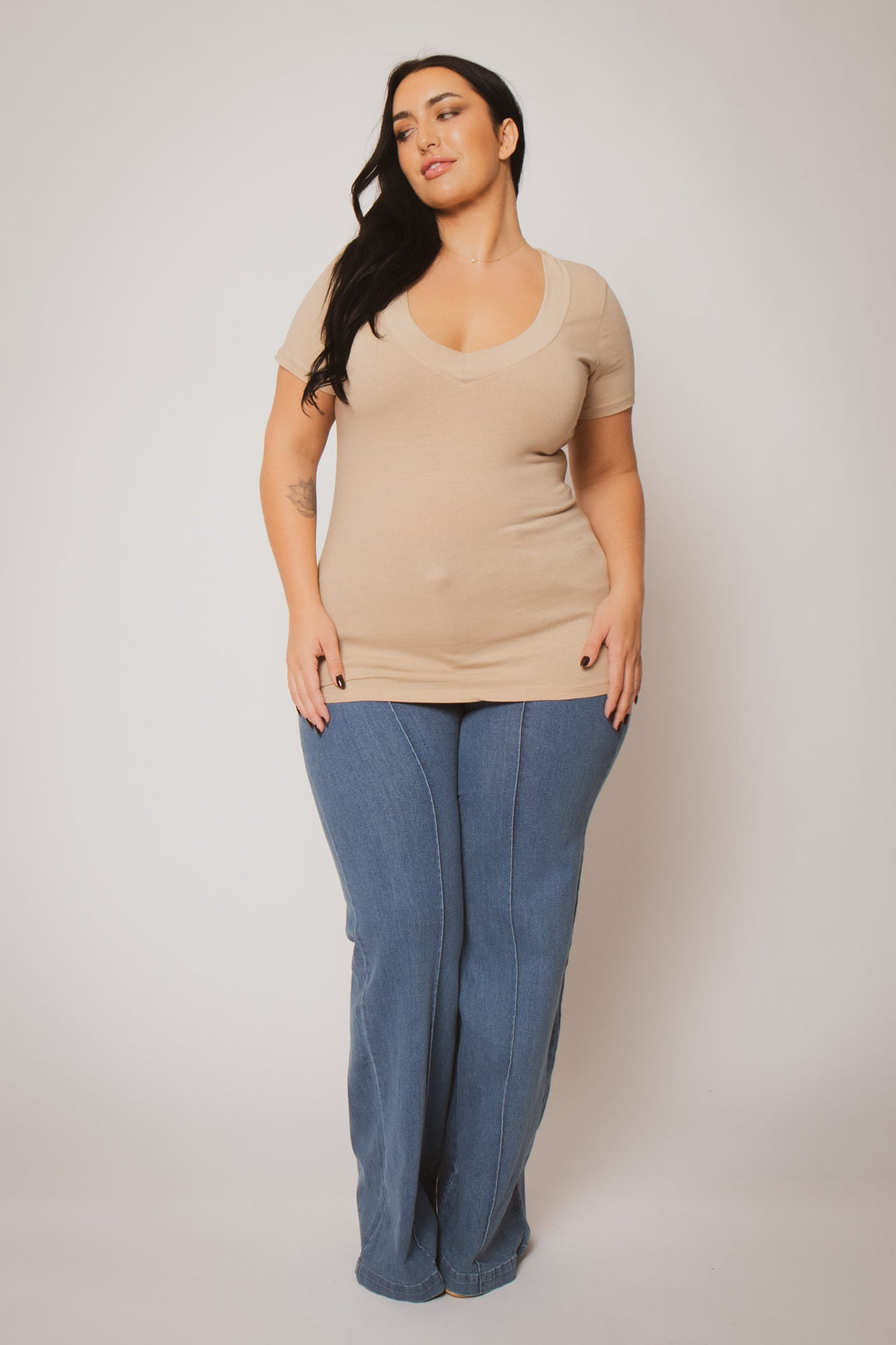 Ambiance Tops Plus Size Classic V Tee - Taupe