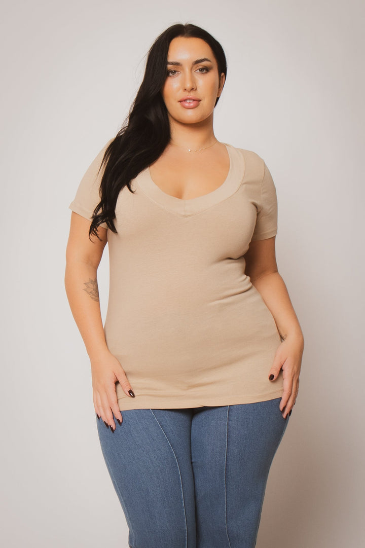 Ambiance Tops Plus Size Classic V Tee - Taupe