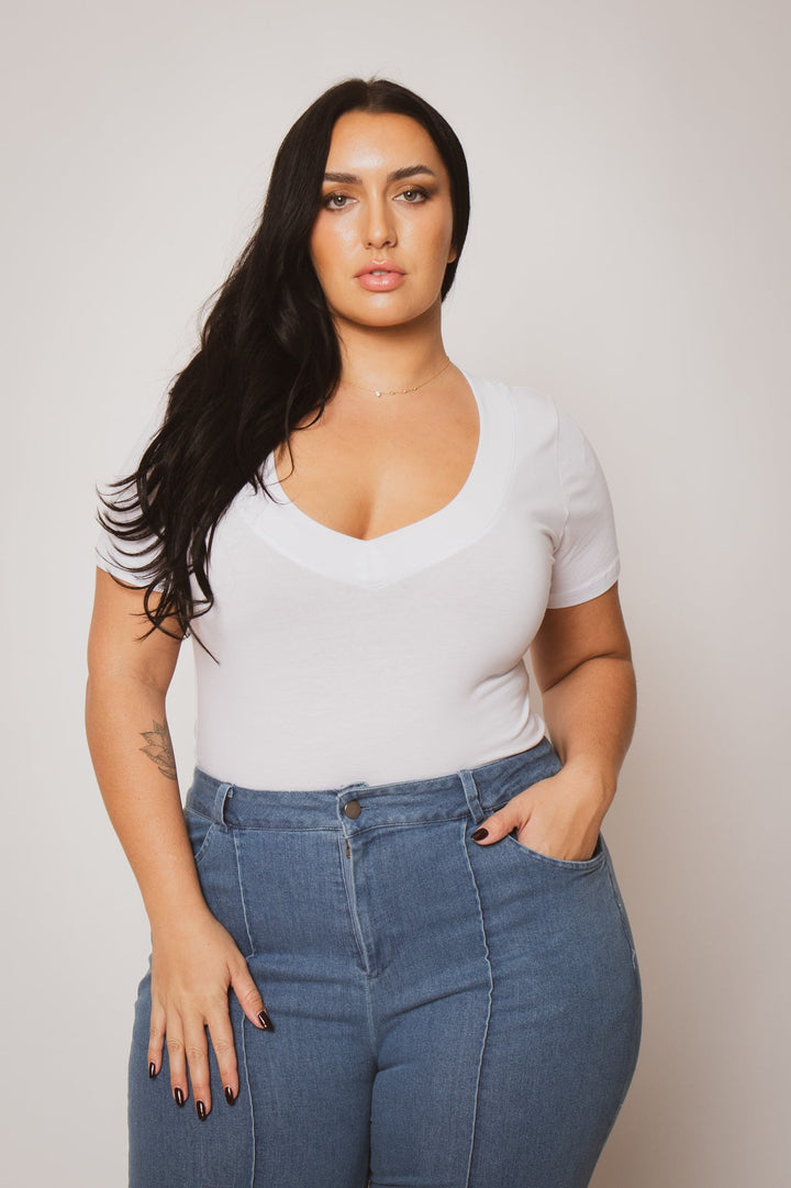 Ambiance Tops Plus Size Classic V Tee - White