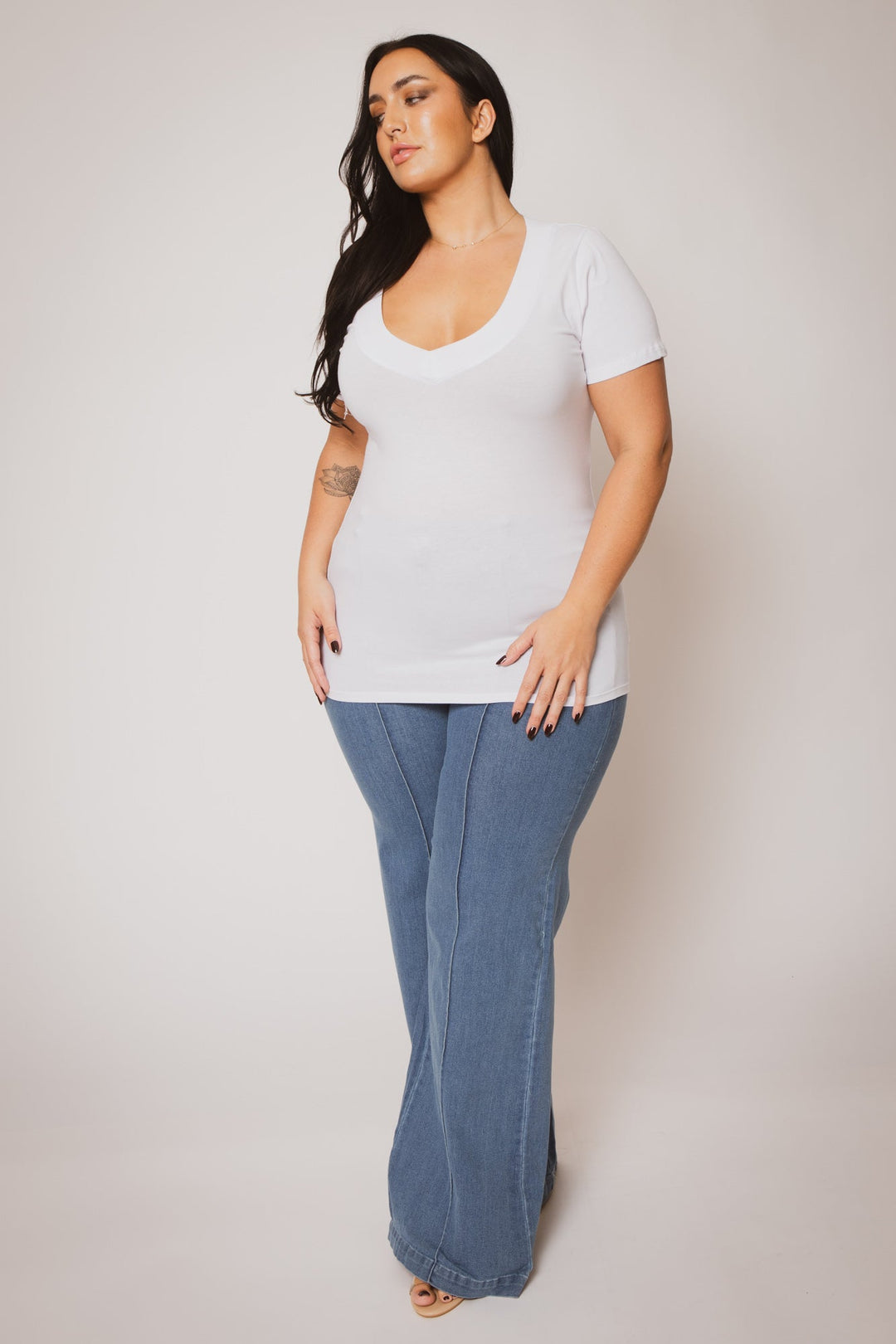 Ambiance Tops Plus Size Classic V Tee - White