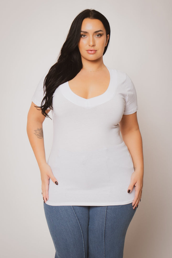 Ambiance Tops Plus Size Classic V Tee - White
