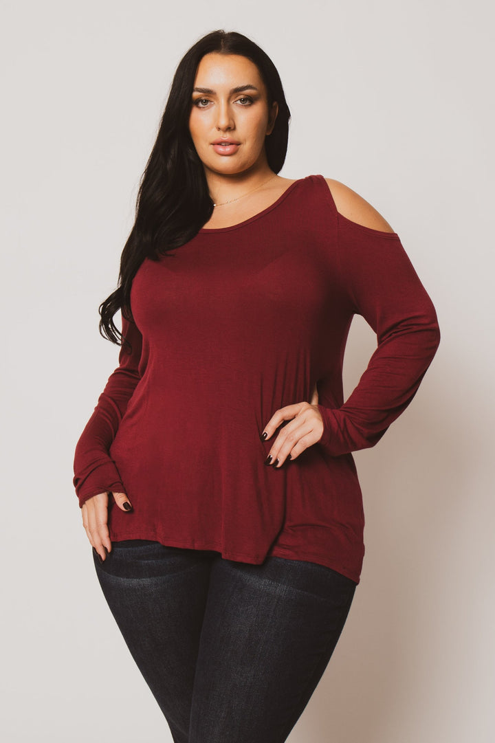 CULTURE CODE Tops Plus Size  Cold Shoulder Knit Top - Burgundy