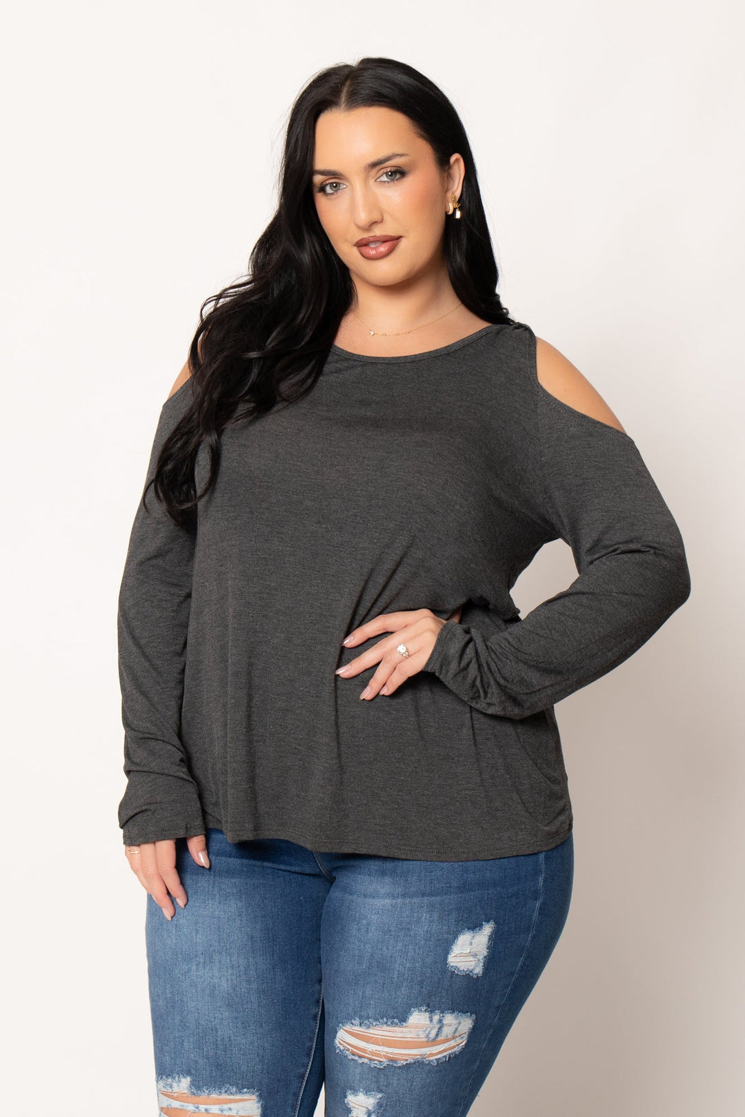 CULTURE CODE Tops Plus Size  Cold Shoulder Knit Top - Charcoal