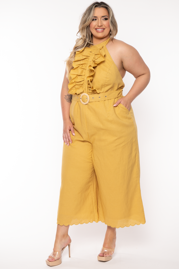 13 Factory Tops Plus Size Colleen Ruffle Flare Belted Jumpsuit - Yellow