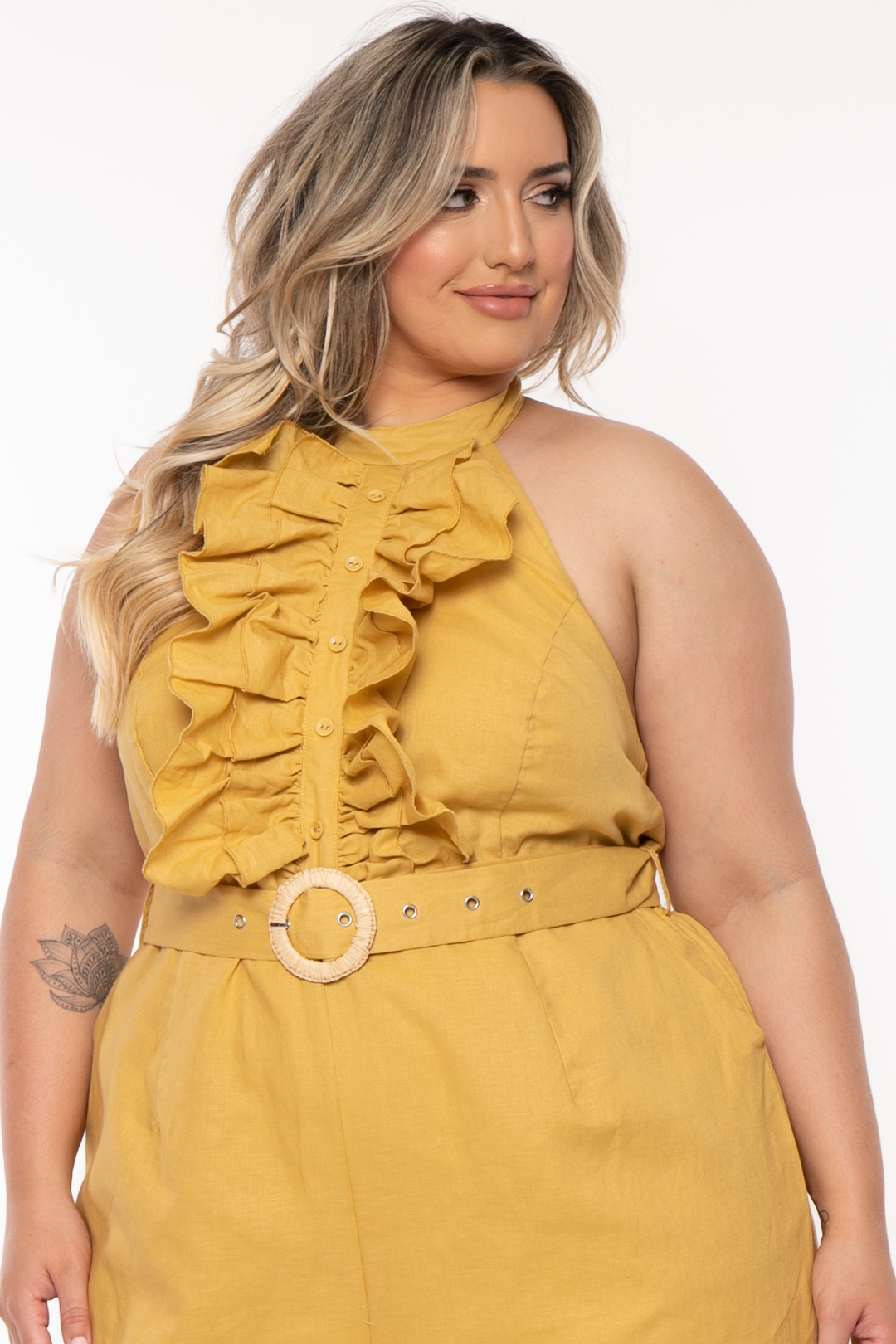 13 Factory Tops Plus Size Colleen Ruffle Flare Belted Jumpsuit - Yellow