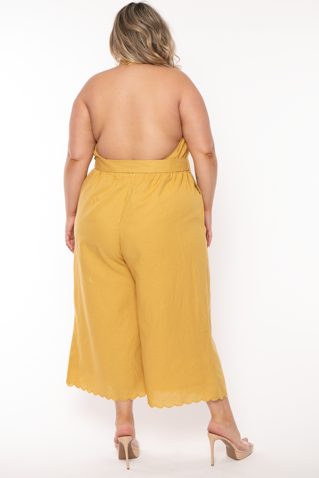 13 Factory Tops Plus Size Colleen Ruffle Flare Belted Jumpsuit - Yellow