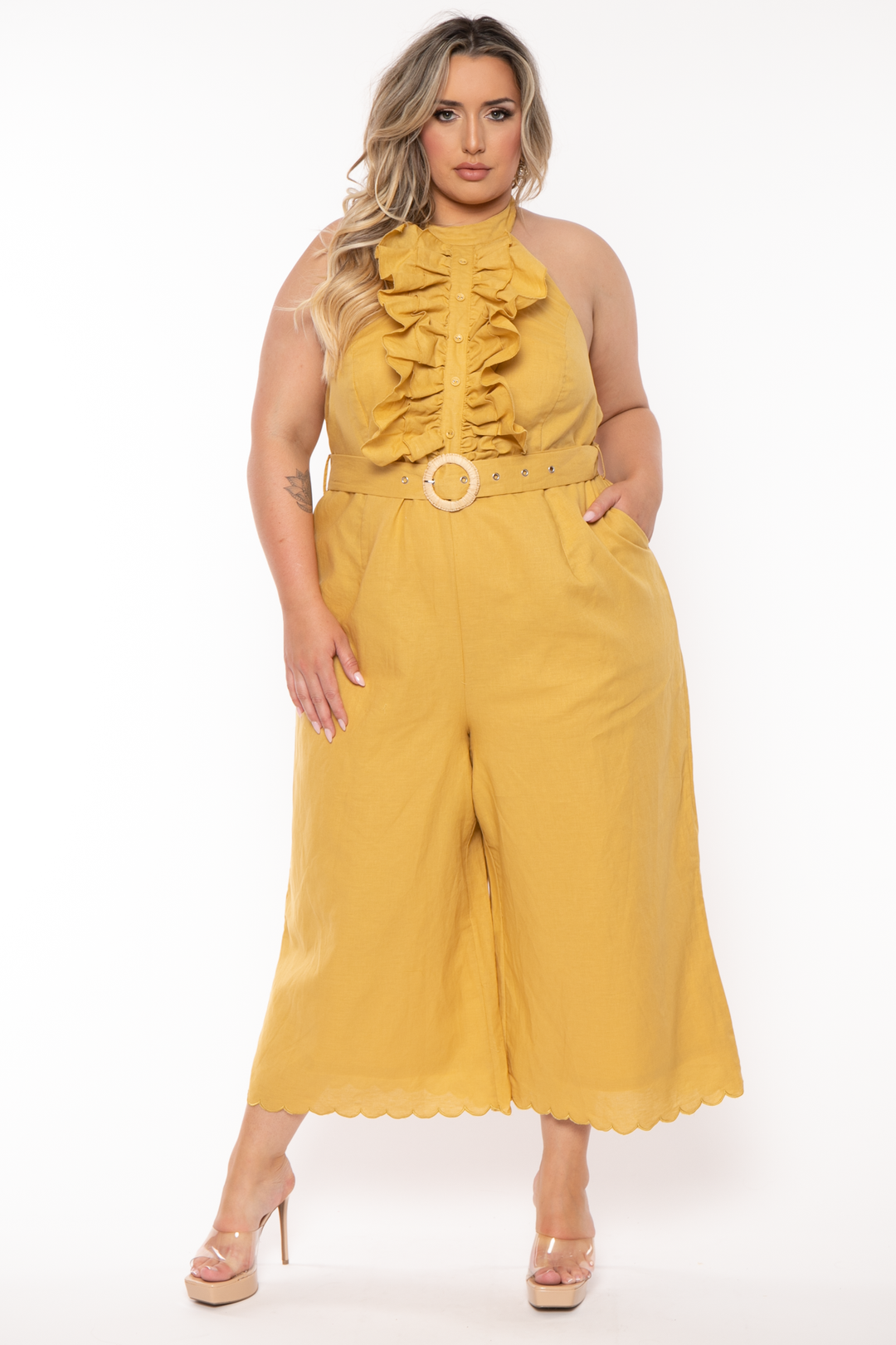 Plus Size Colleen Ruffle Flare Belted Jumpsuit Mustard