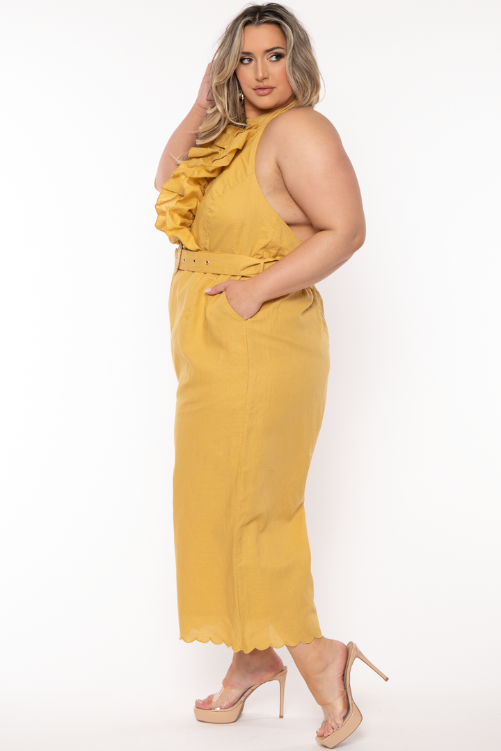 13 Factory Tops Plus Size Colleen Ruffle Flare Belted Jumpsuit - Yellow