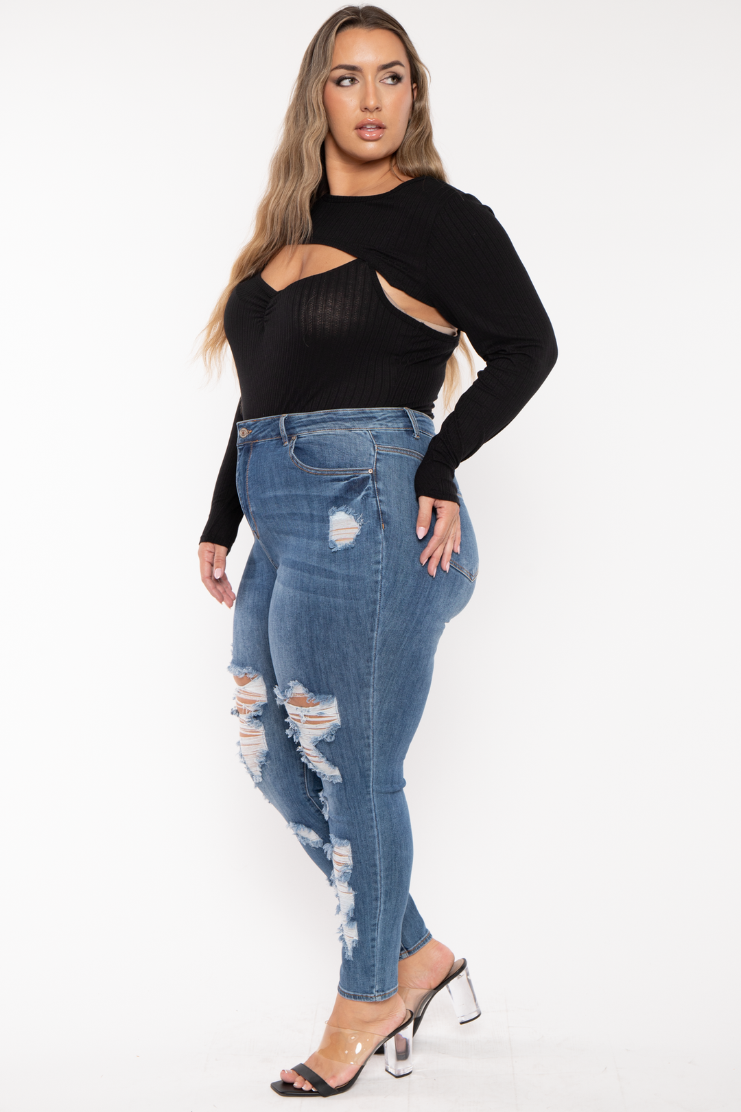 Curvy Sense Tops Plus Size Cristy 2pc Bodysuit  Set - Black