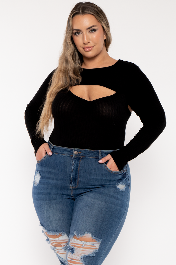 Curvy Sense Tops Plus Size Cristy 2pc Bodysuit  Set - Black