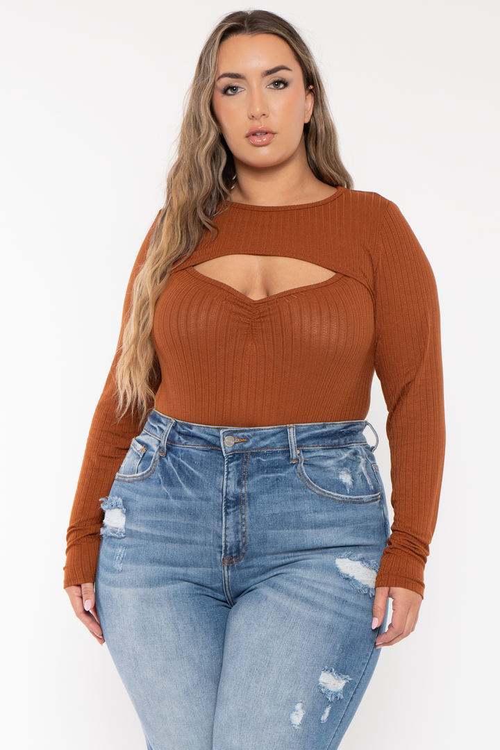 Curvy Sense Tops Plus Size Cristy 2pc Bodysuit  Set - Rust