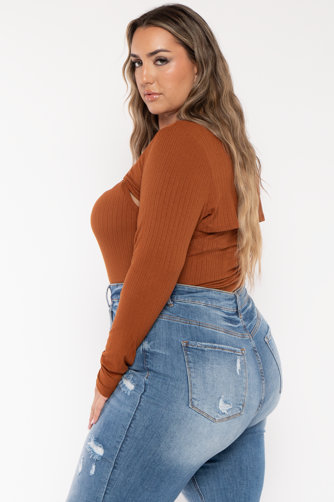 Curvy Sense Tops Plus Size Cristy 2pc Bodysuit  Set - Rust