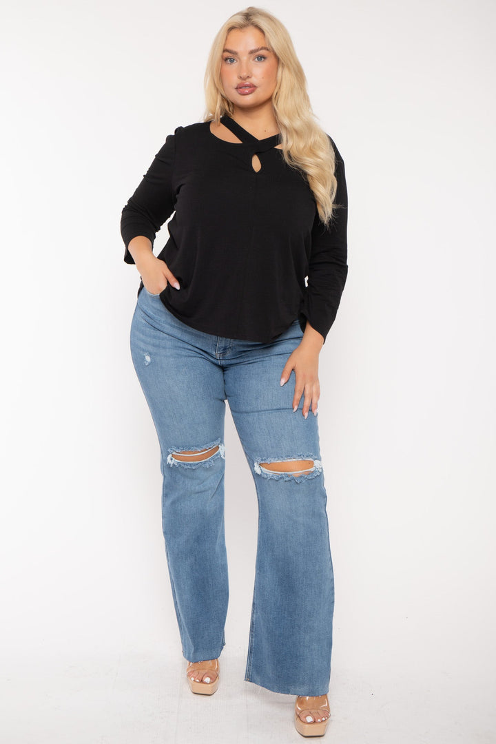 CULTURE CODE Tops Plus Size Cross Neck  Top - Black