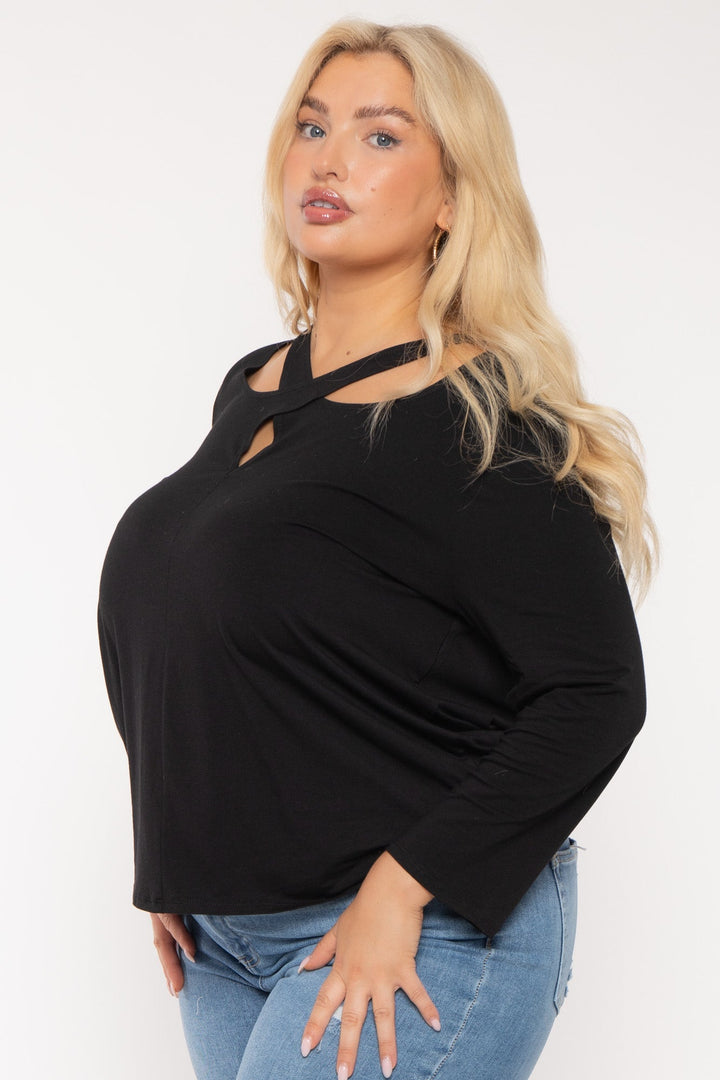 CULTURE CODE Tops Plus Size Cross Neck  Top - Black