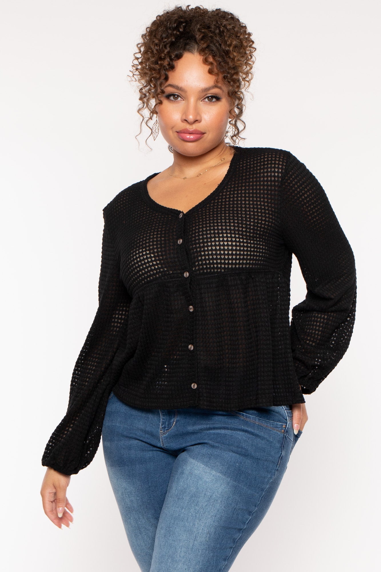 Women's Plus Size Diana Waffle Knit Top - Black - Curvy Sense