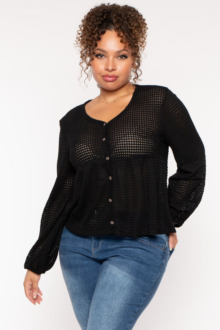 CULTURE CODE Tops Plus Size  Diana Waffle Knit  Top - Black