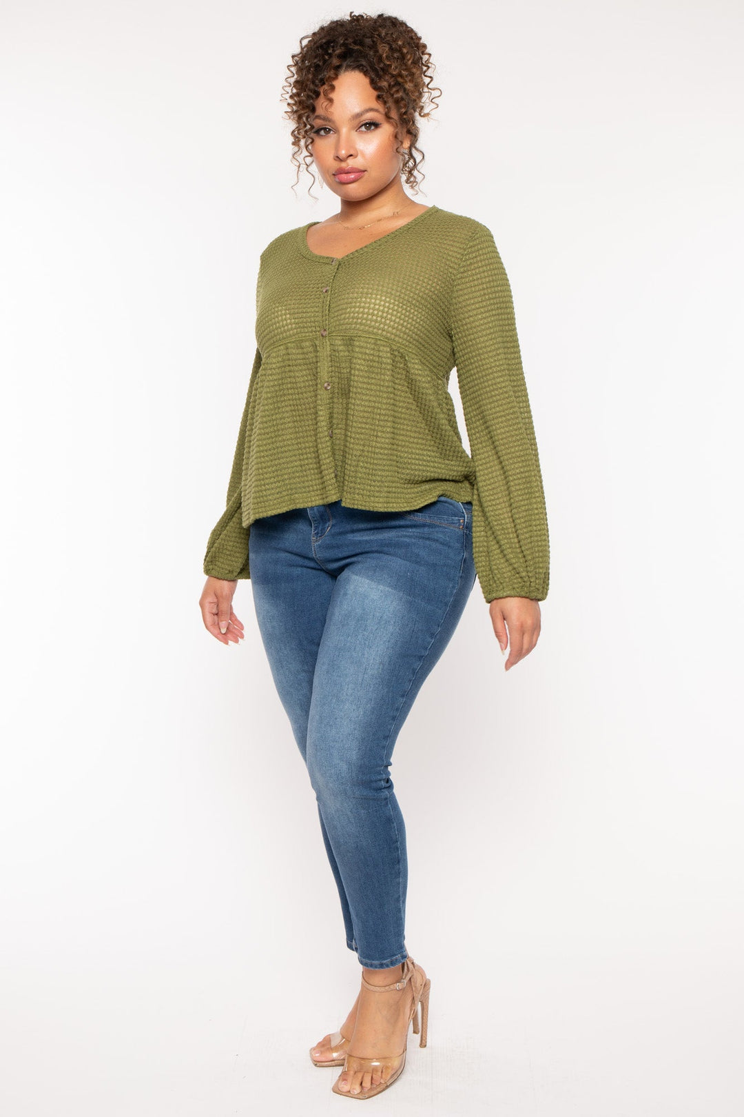 CULTURE CODE Tops Plus Size  Diana Waffle Knit  Top - Olive