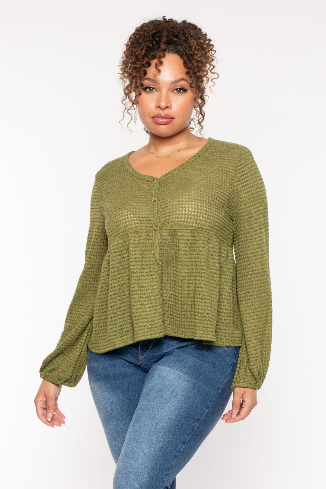 CULTURE CODE Tops Plus Size  Diana Waffle Knit  Top - Olive