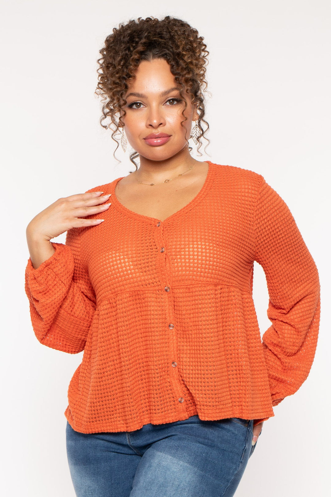 CULTURE CODE Tops Plus Size  Diana Waffle Knit  Top - Rust