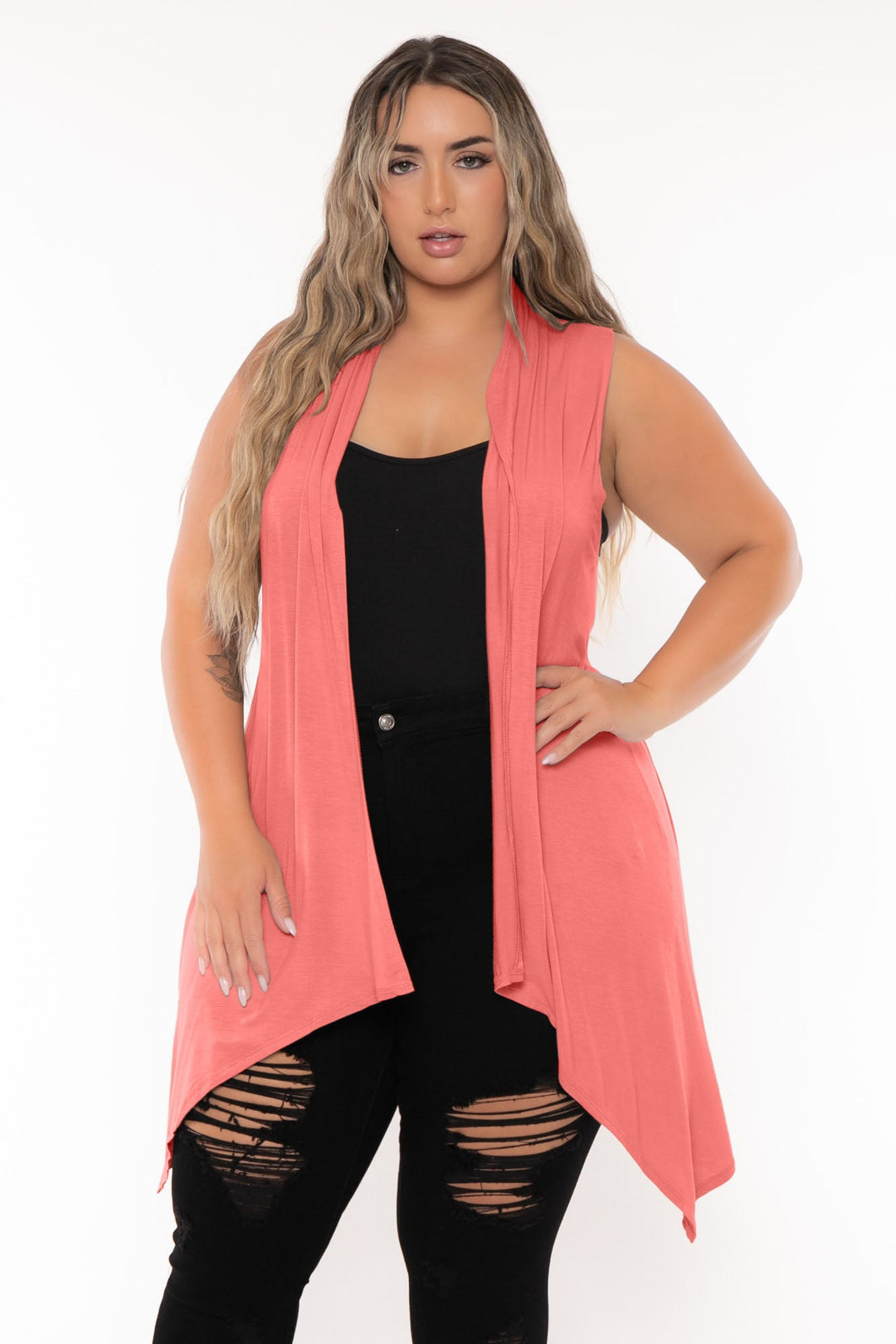 Zenana Tops Plus Size  Draped Sleeveless Cardigan  - Coral