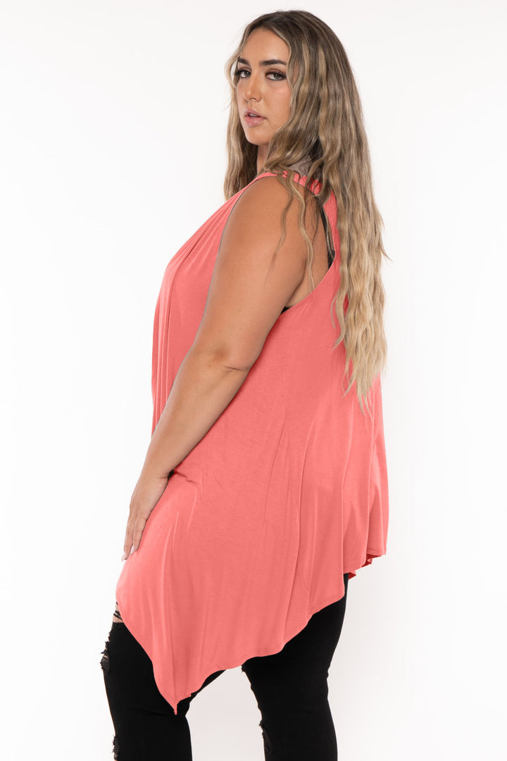 Zenana Tops Plus Size  Draped Sleeveless Cardigan  - Coral