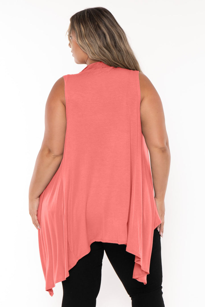 Zenana Tops Plus Size  Draped Sleeveless Cardigan  - Coral