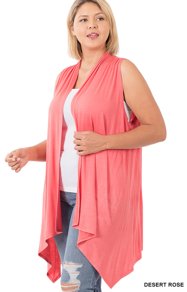 Zenana Tops Plus Size  Draped Sleeveless Cardigan  - Rose