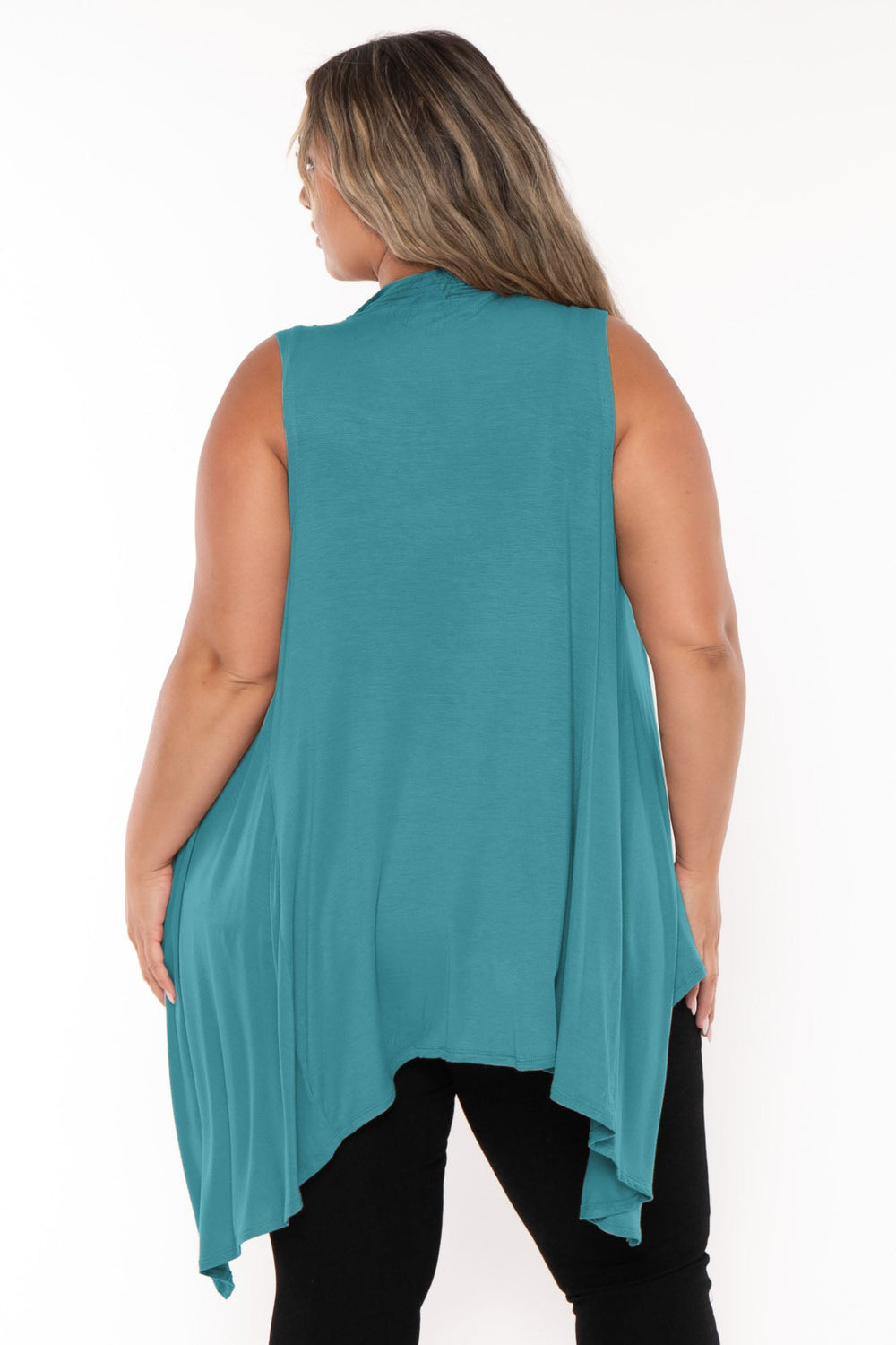 Zenana Tops Plus Size  Draped Sleeveless Cardigan  - Teal