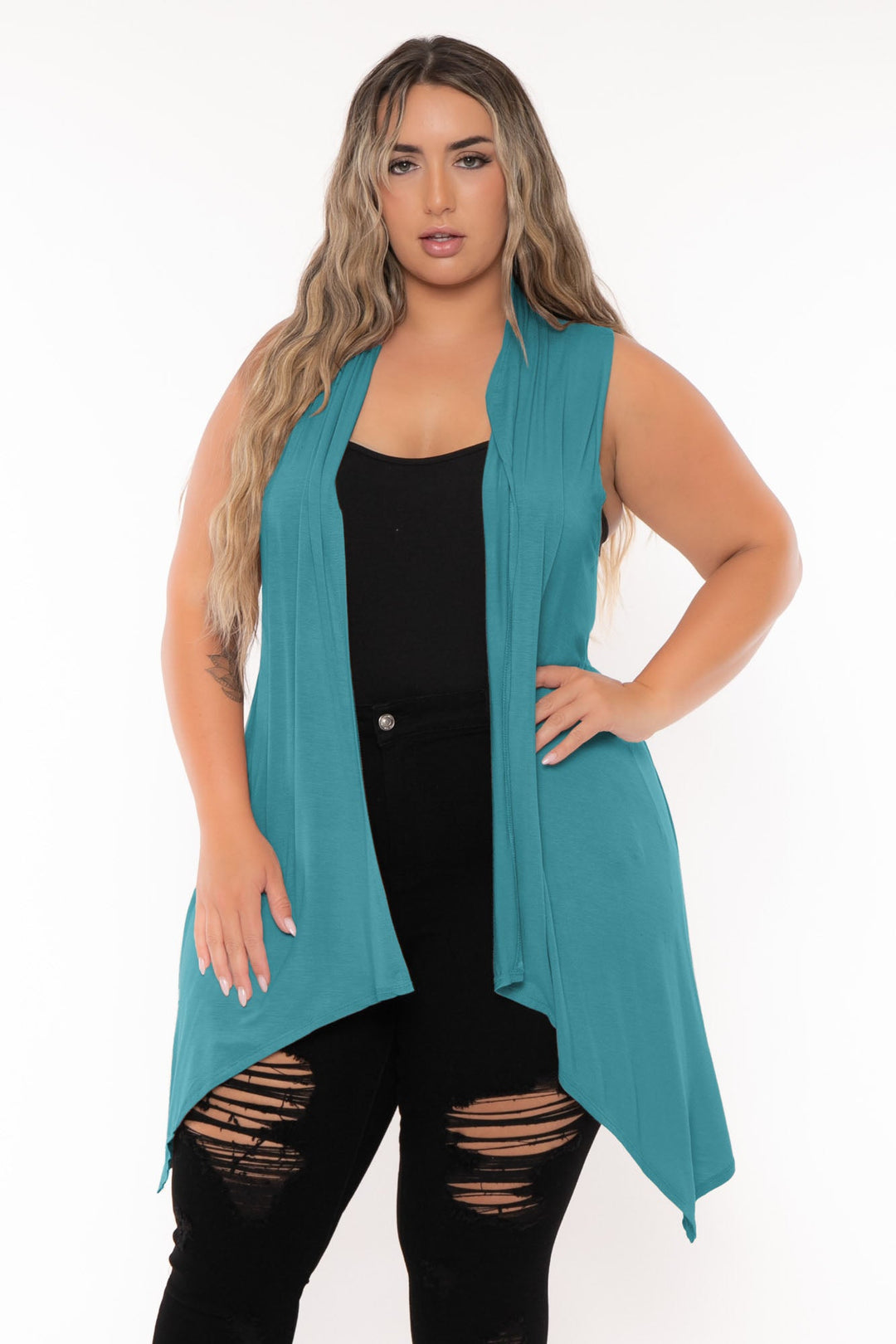 Zenana Tops Plus Size  Draped Sleeveless Cardigan  - Teal