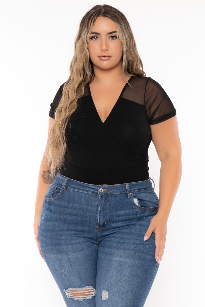 Curvy Sense Tops Plus Size Eisley Mesh Bodysuit- Black