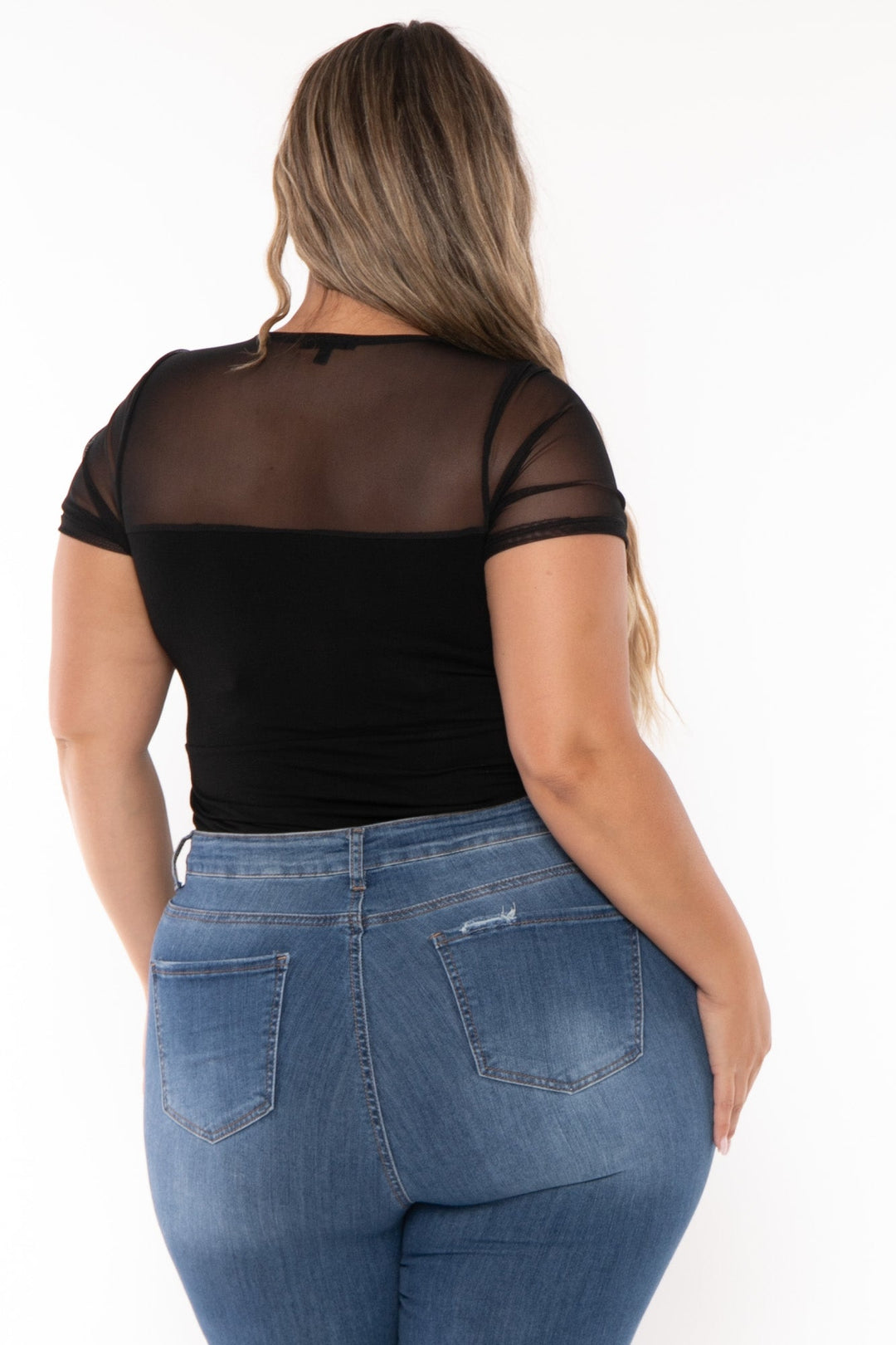 Curvy Sense Tops Plus Size Eisley Mesh Bodysuit- Black