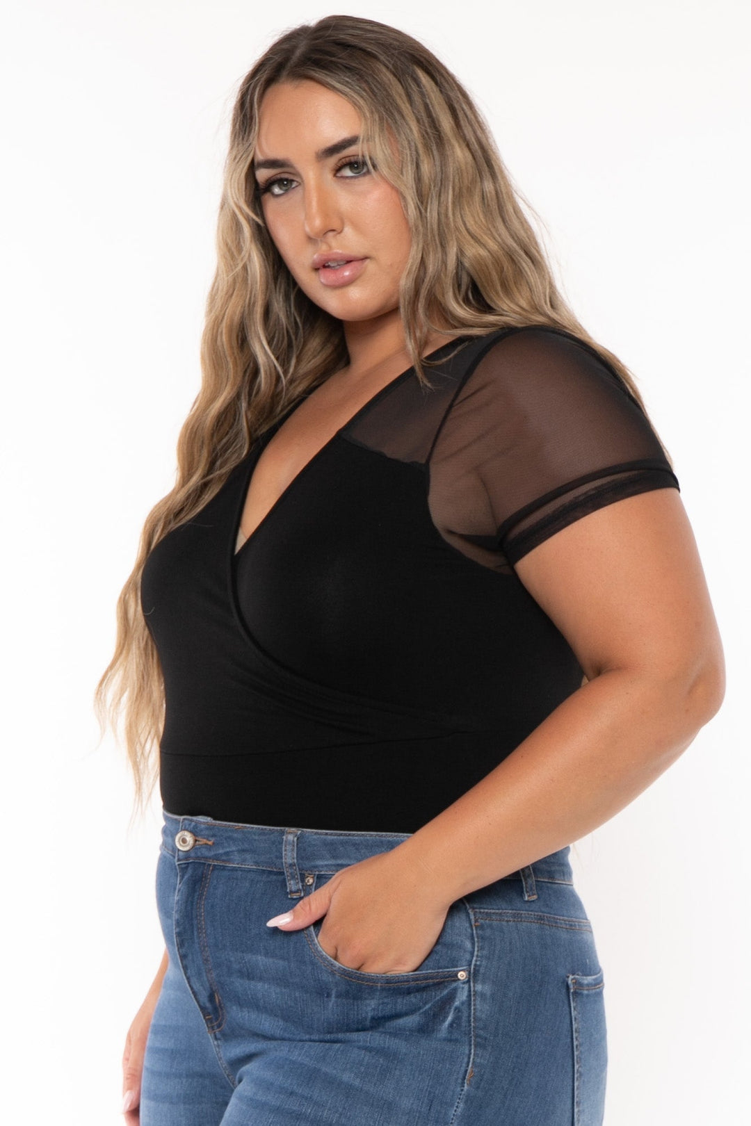 Curvy Sense Tops Plus Size Eisley Mesh Bodysuit- Black