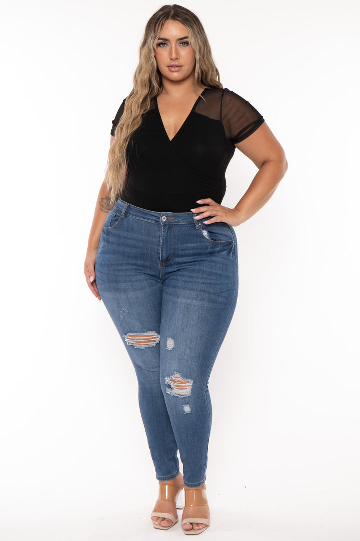 Curvy Sense Tops Plus Size Eisley Mesh Bodysuit- Black