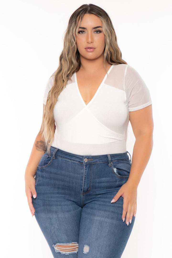 Curvy Sense Tops Plus Size Eisley Mesh Bodysuit- White