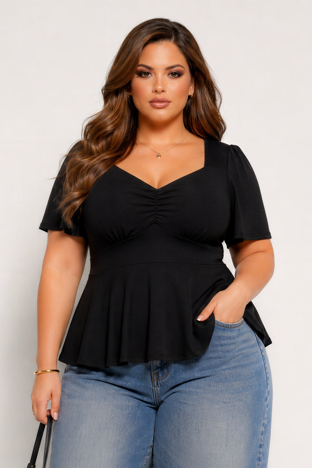 Curvy Sense Inc. Tops Plus Size Elara Ruched Peplum Top – Black