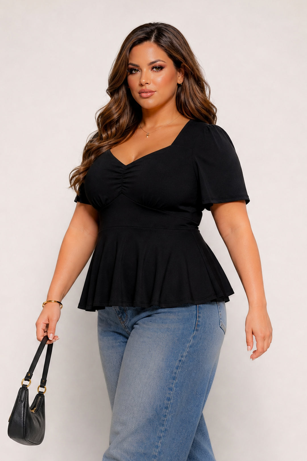 Curvy Sense Inc. Tops Plus Size Elara Ruched Peplum Top – Black