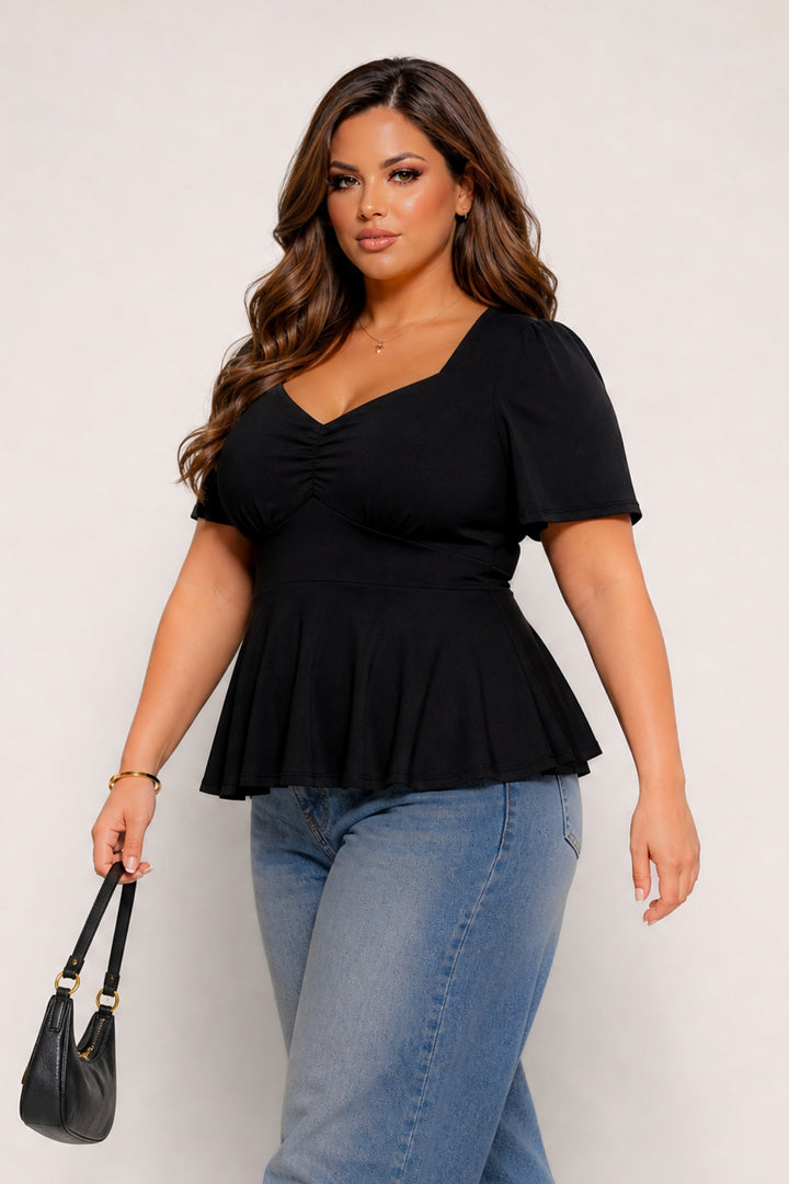 Curvy Sense Inc. Tops Plus Size Elara Ruched Peplum Top – Black