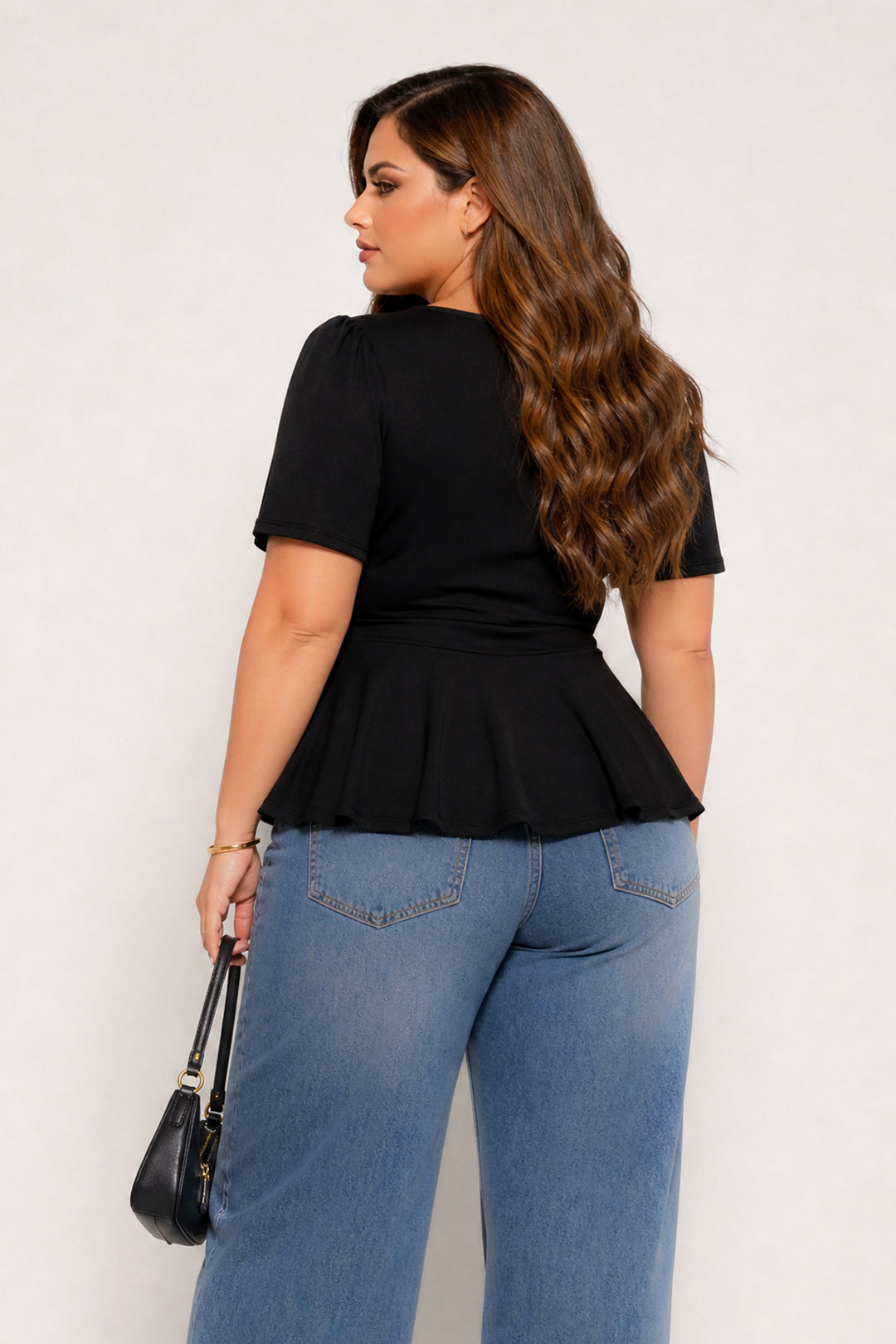 Curvy Sense Inc. Tops Plus Size Elara Ruched Peplum Top – Black