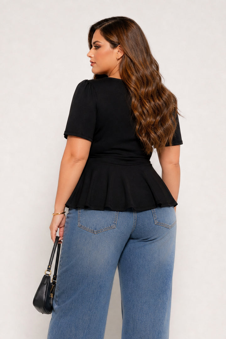 Curvy Sense Inc. Tops Plus Size Elara Ruched Peplum Top – Black