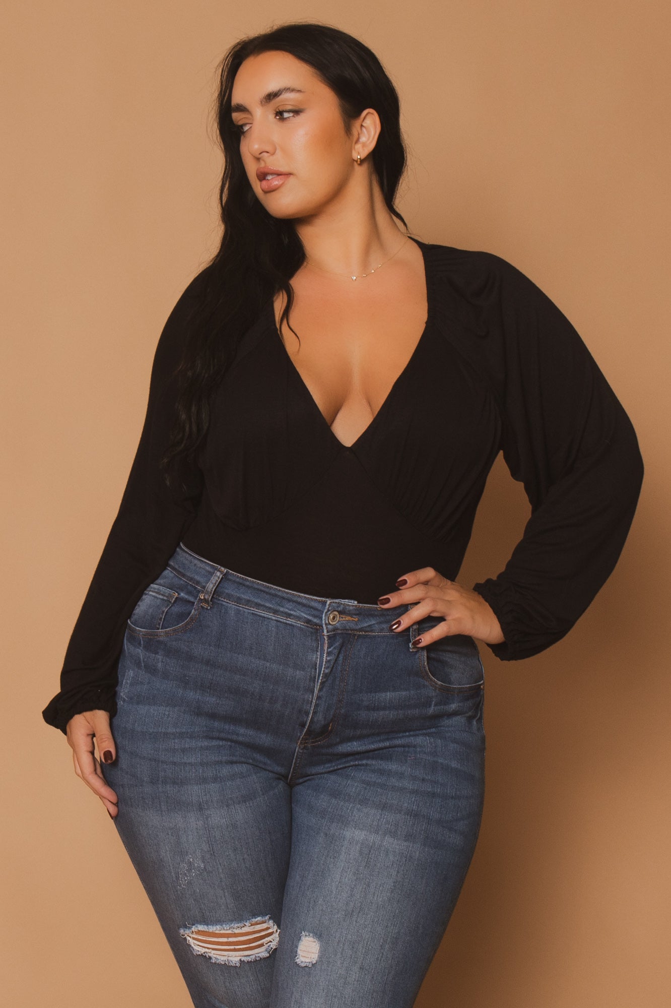 Women's Plus Size Elena Plunging Neck Bodysuit - Black - Curvy Sense