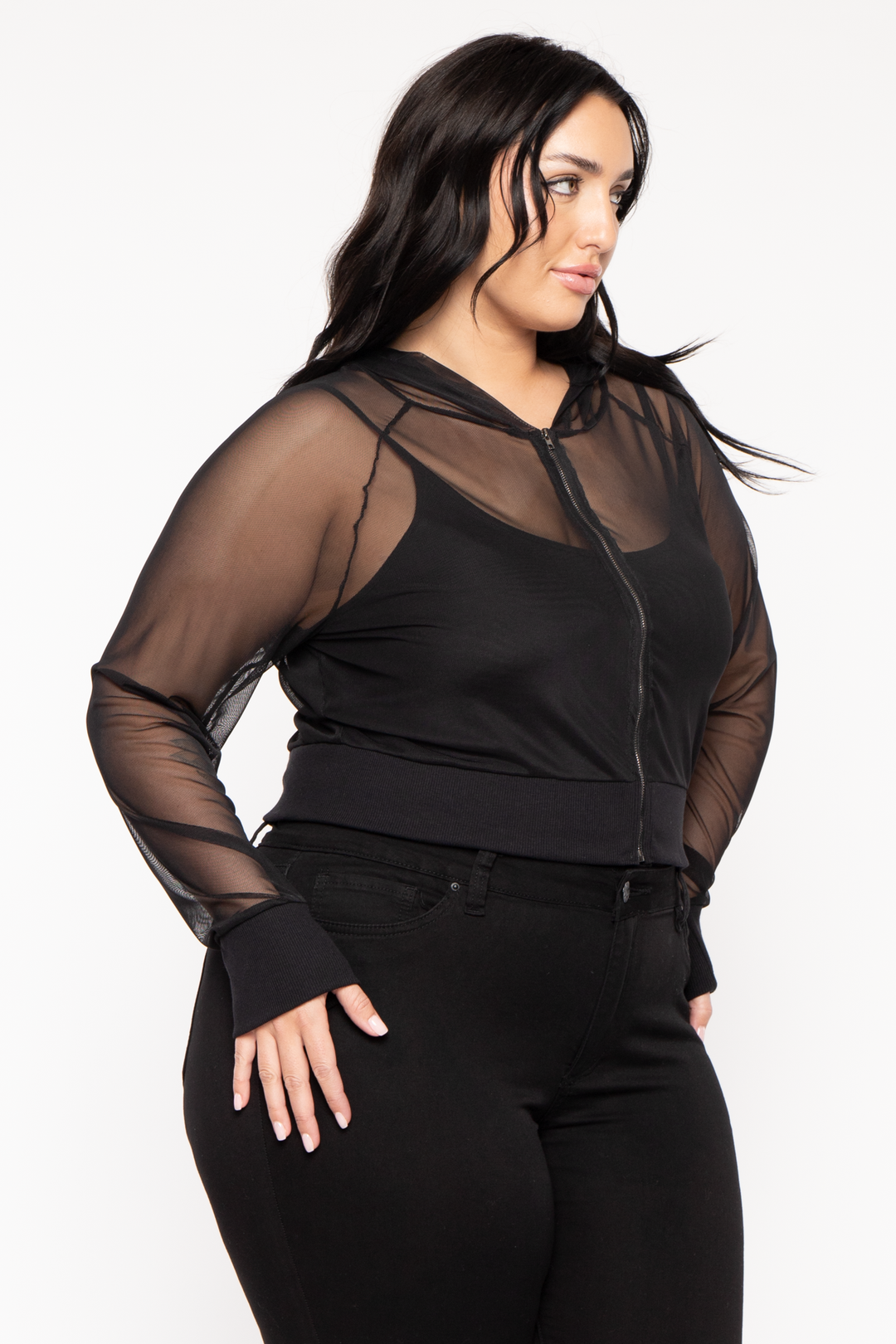 Curvy Sense Tops Plus Size Ember Mesh Hoodie Top-Black