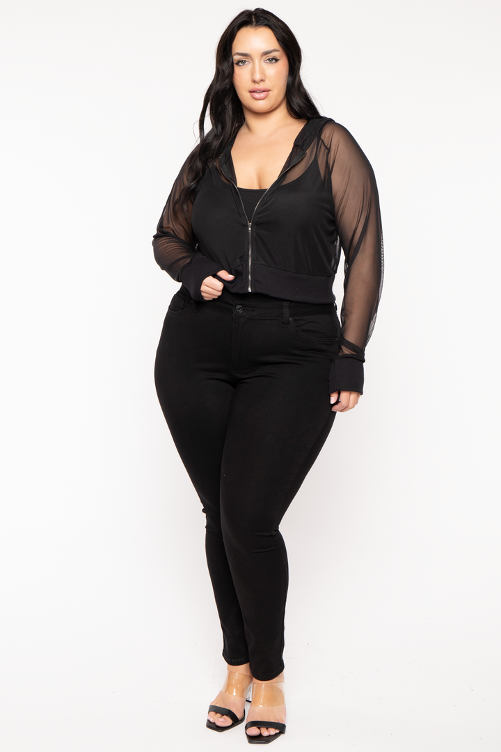 Curvy Sense Tops Plus Size Ember Mesh Hoodie Top-Black