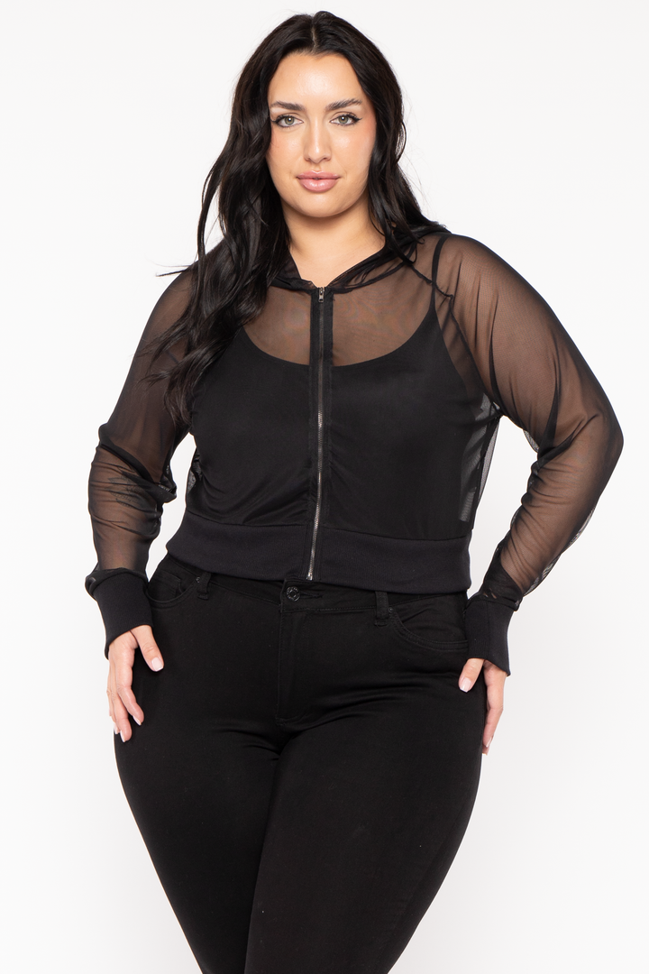 Curvy Sense Tops Plus Size Ember Mesh Hoodie Top-Black