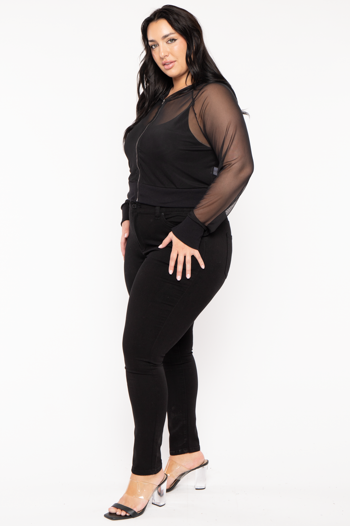 Curvy Sense Tops Plus Size Ember Mesh Hoodie Top-Black