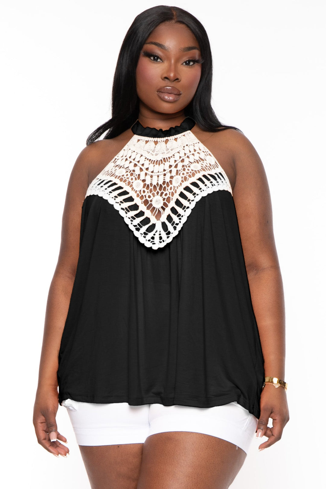 CULTURE CODE Tops 1X / Black Plus Size Embroidery Halter Tank Top - Black