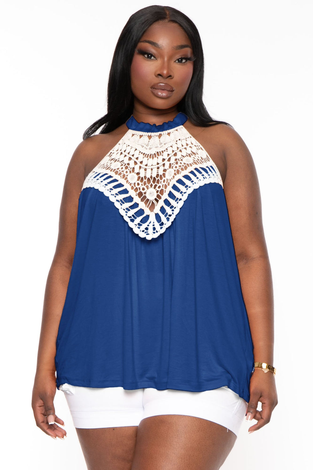 Libian Tops 1X / Blue Plus Size Embroidery Halter Tank Top - Blue