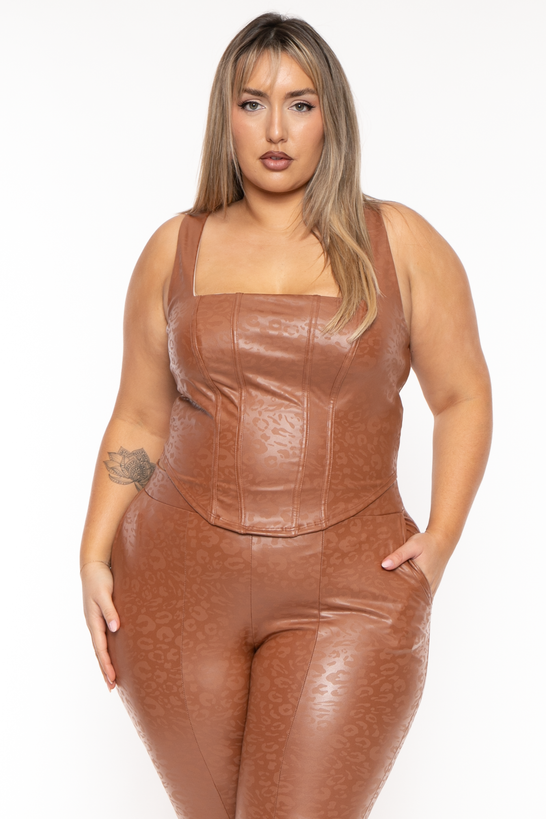 Curvy Sense Tops 1X / Brown Plus Size Ena Vegan Leather Corset Top - Brown